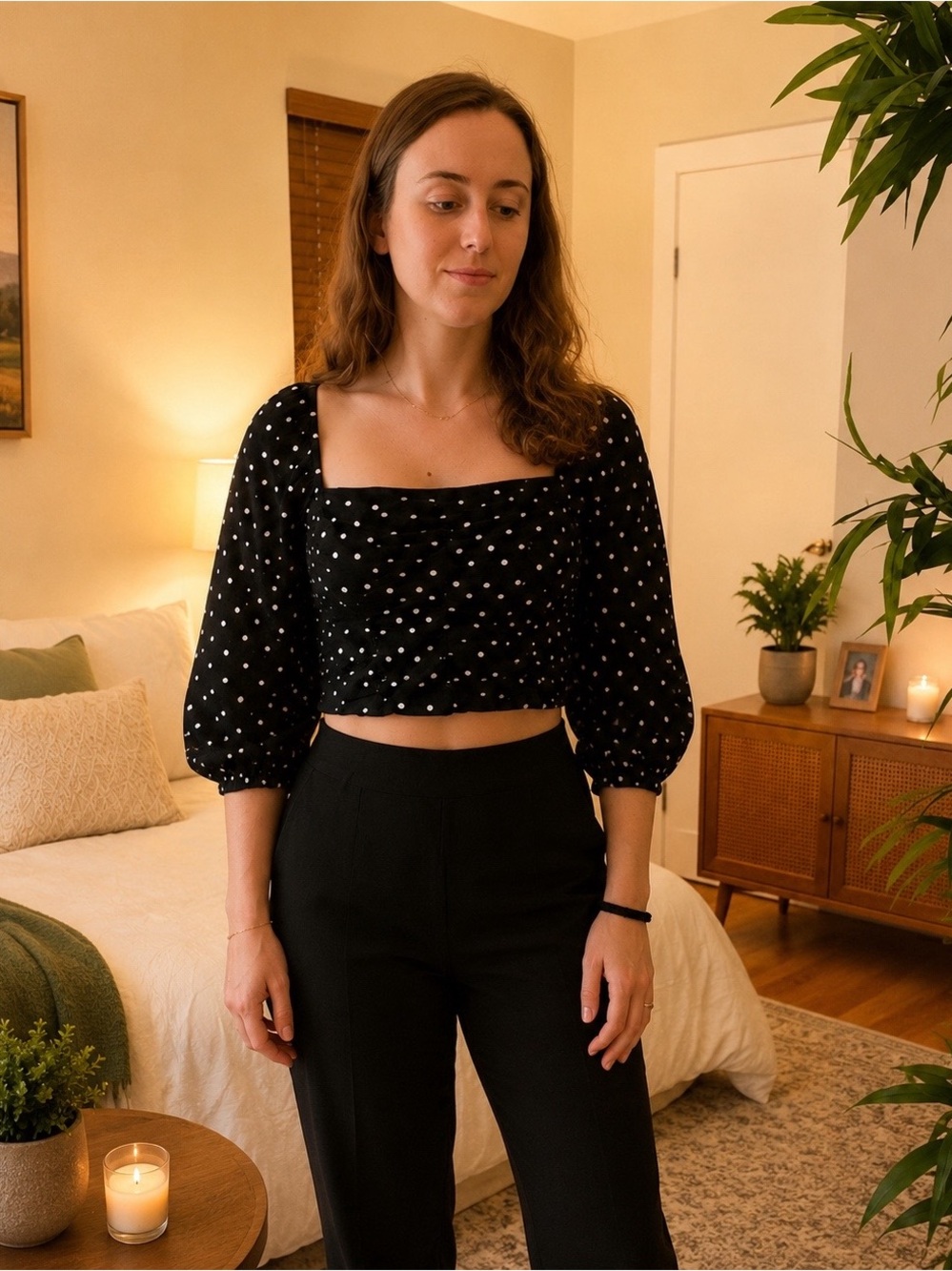 Zara Black Polka Dot Square-Neck Crop Top